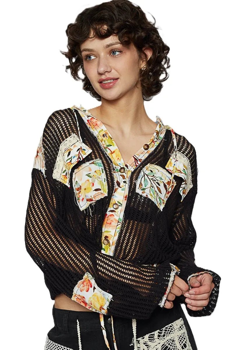 POL Vintage Washed Crochet Hoodie Jacket With Patchwork - Love Salve